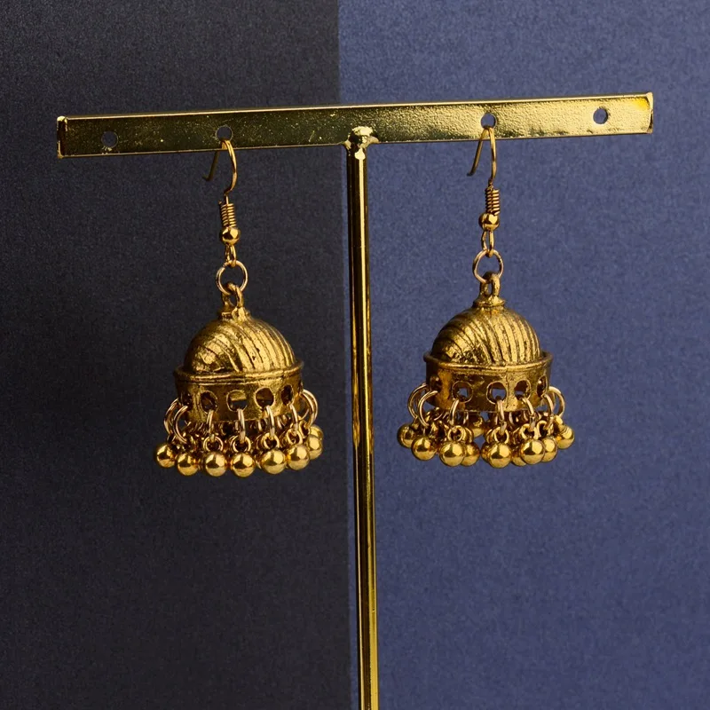 Фото TopHanqi в этническом стиле ретро Индии Jhumka Jhumki серьги Femme Античная золотистый гравированный лотоса фонарь, свисающие серьги для женщин, серьги ... №5