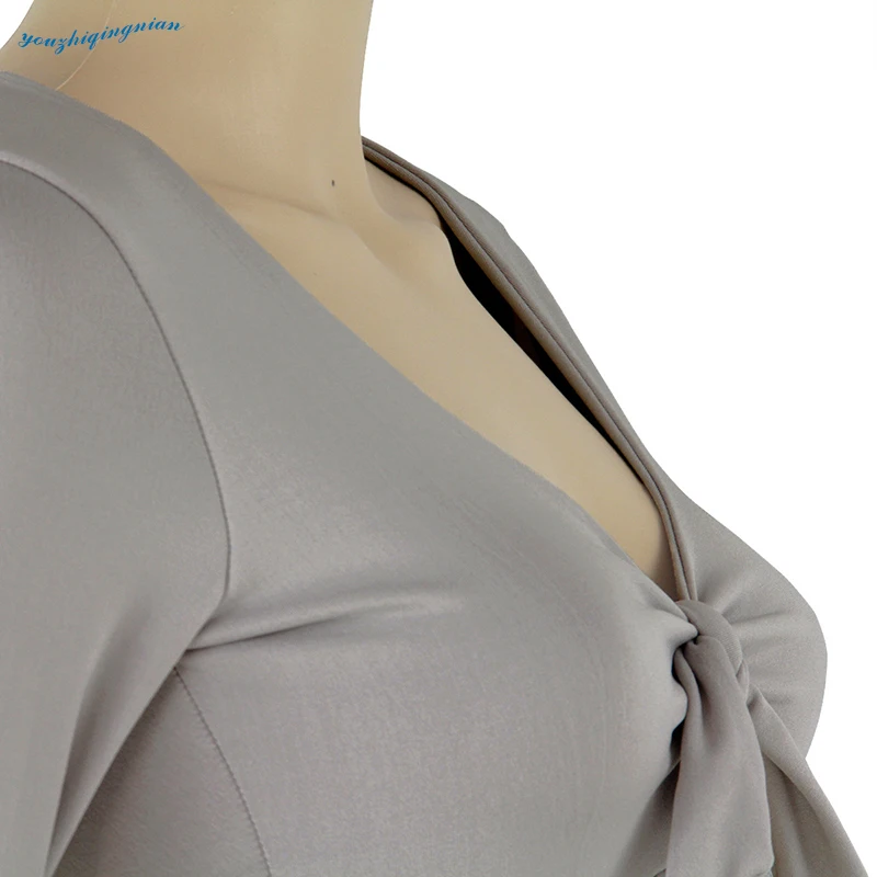 Новое летнее серое сексуальное платье с v образным вырезом и длинными рукавами на