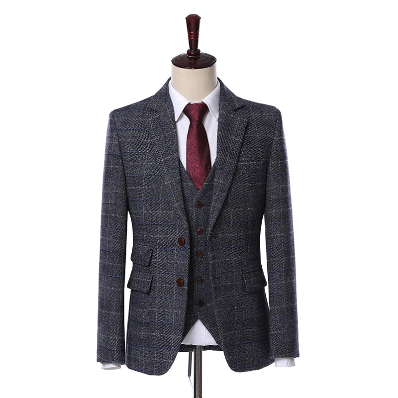 Мужской твидовый клетчатый костюм серый шерстяной в елочку ретро стиле