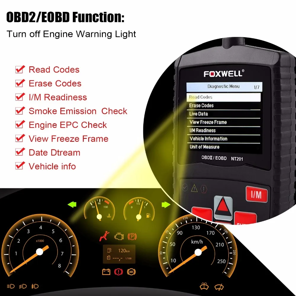 Foxwell NT201 OBD2 автомобильный сканер в русском языке считыватель кодов двигателя выключение MIL OBD 2 Автомобильный диагностический инструмент PK CR3001 ELM327