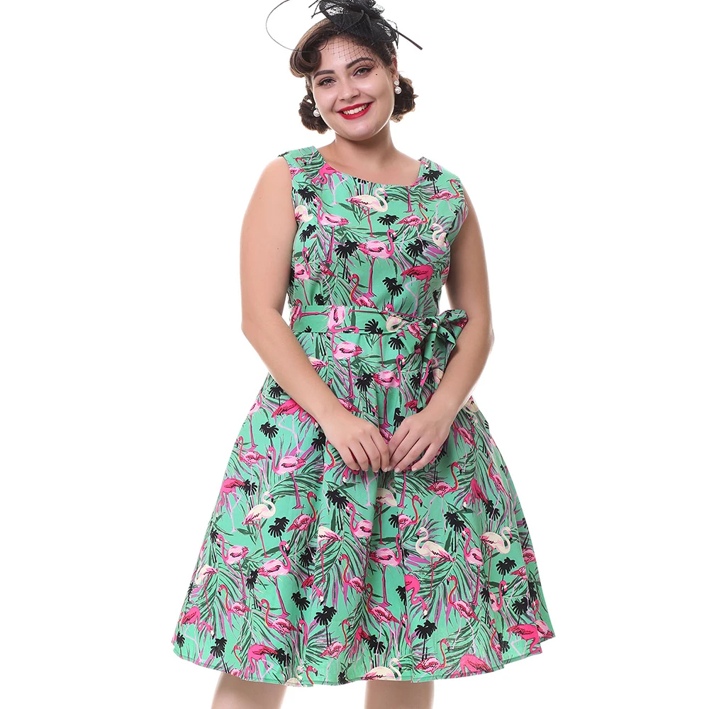 Joineles размера плюс 4XL женское ретро платье 50s 60s Винтаж рокабилли Свинг Feminino Vestidos Фламинго цветочный принт вечерние платья