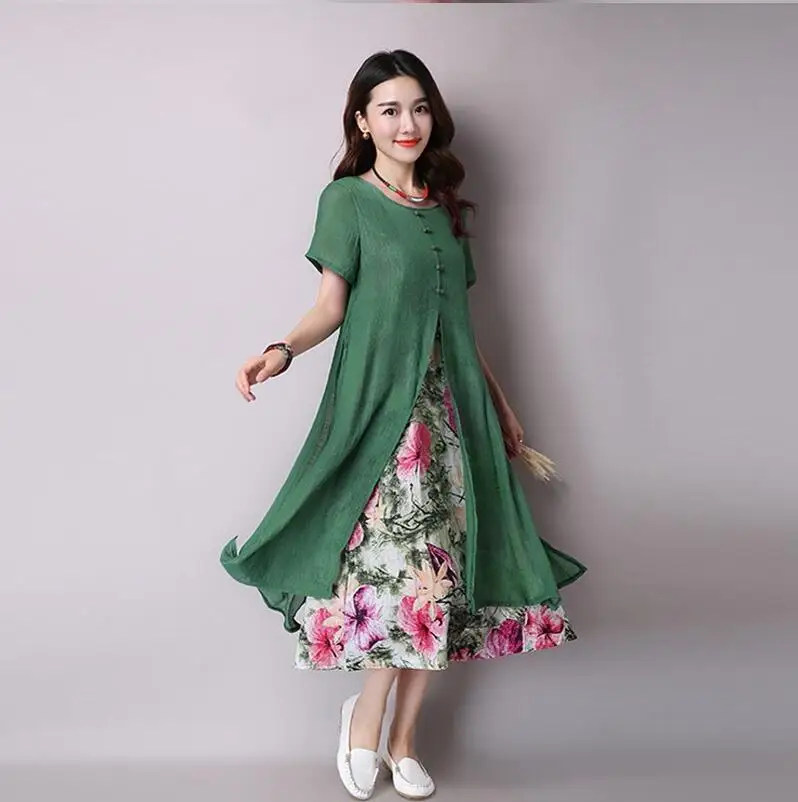2017 винтажное женское платье с круглым вырезом и коротким рукавом Двухслойное