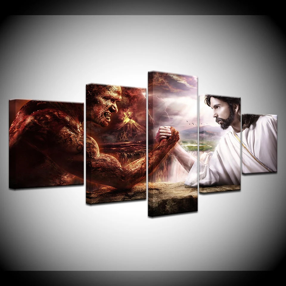 HD print 5 pcs canvas wall art jesus vs satan painting home decor for living room picture artwork | Дом и сад
