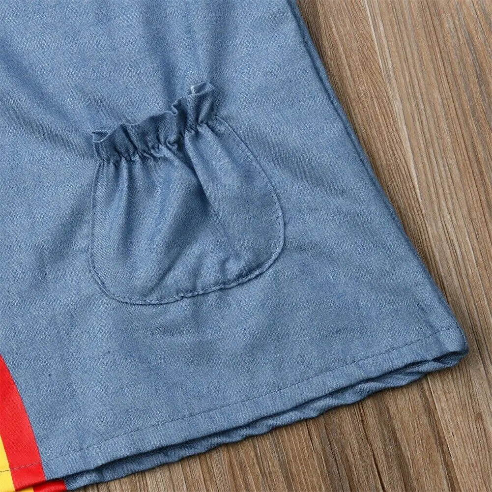2019 Brand Toddler Infant Kid Baby Girl Dress Denim A-Line Rainbow Print Pocket Sleeveless Party Pageant Sundress Summer Clothes | Детская