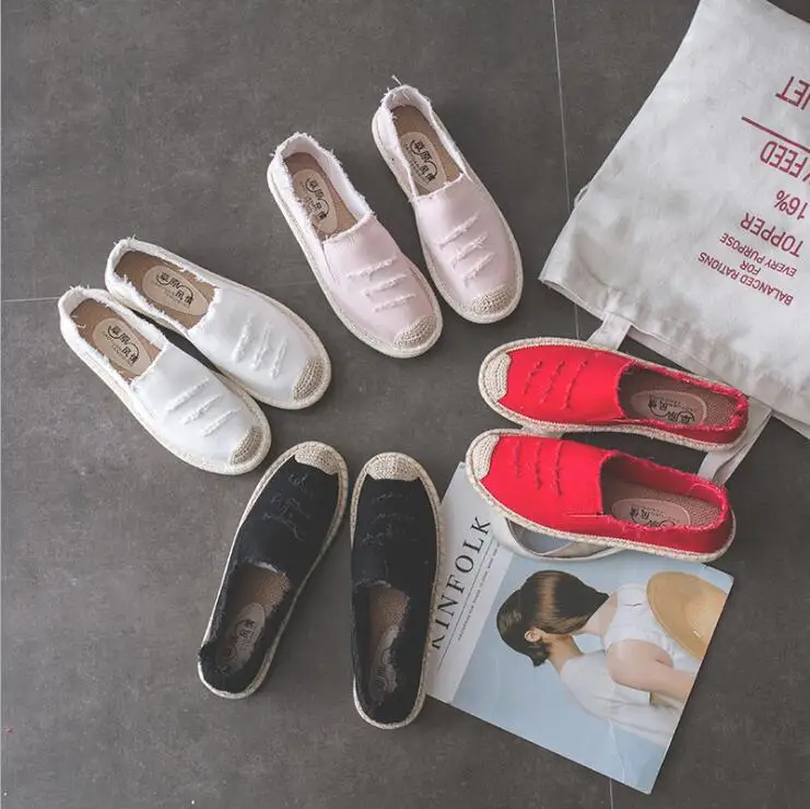 Туфли женские холщовые без шнуровки дышащие лоферы плоская подошва эспадрильи