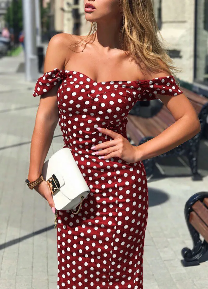 

Sexy Summer Women Dress 2019 Off Shoulder Polka Dot Casual Ladies Bodycon Vintage Party Midi Dress Sundress Vestidos