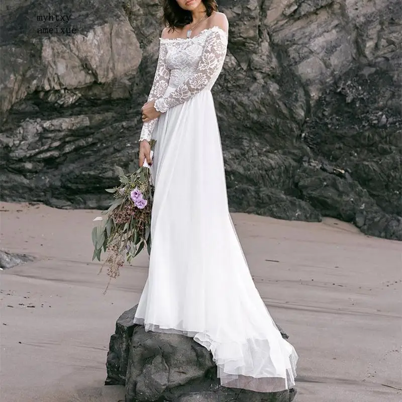 Vestidos De Noiva Сексуальное Дешевое свадебное платье с открытыми плечами и длинными рукавами, кружевные пляжные свадебные платья, Новые халаты для свадьбы, Китай