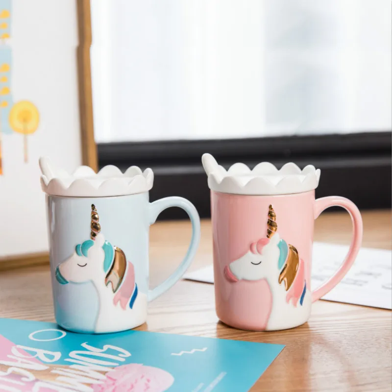 

Creative Lovely Unicorn Crown Mug Lid Scoop Embossed Ceramic Cup Pink Girl Coffee Milk Cup Office Household Cute Funny Mugs Gift