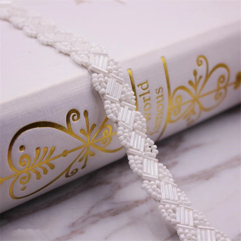 White SG-015 1 ярд перламутровая бисерная кружевная отделка Сетка кружевная Лента ткань для украшения одежды свадебное платье воротник рукав африканская кружевная ткань аппликация - Цвет: White SG-015