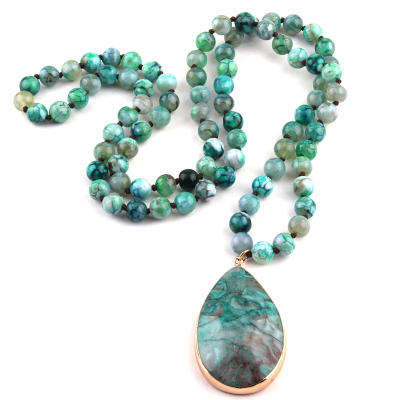 Free Shipping Fashion Semi Precious Stones Agat long Knotted Natural Stone Pendant Necklaces For Women Ethnic Necklace