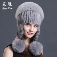 russian winter real fur bomber hats for women genuine fox fur pom pom cap with earflap earmuff ear flap mink fur hat caps female