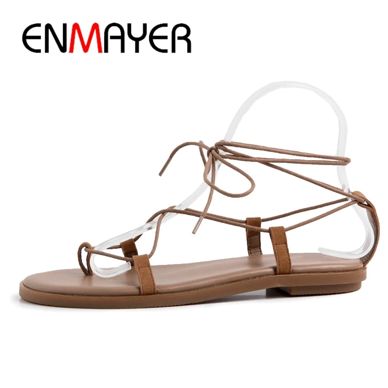 Женские босоножки на низком каблуке ENMAYER однотонные вечерние сандалии шнуровке