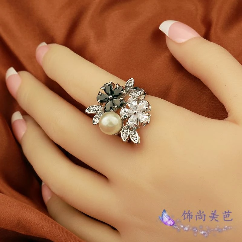 

CHRAN Black Zircon Pearl Cocktail Ring Personality Hipster Exaggerated Index Finger Bridal Sets Luxury Crystal Rings For Women