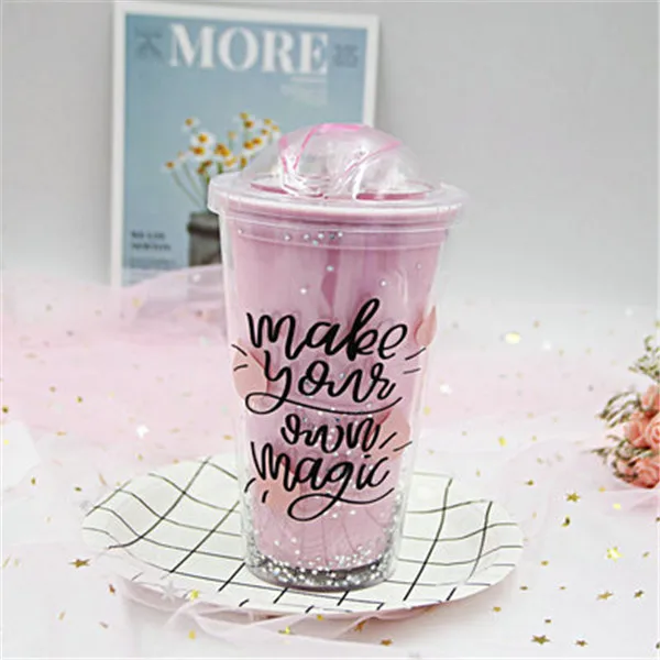 pink Креативные соломенные кружки без бисфенола, пластиковые кофейные чашки, бутылка для воды, портативная, для путешествий, для чая, молока, изолированная, милая кружка, прекрасная посуда для напитков, 450 мл - Цвет: pink