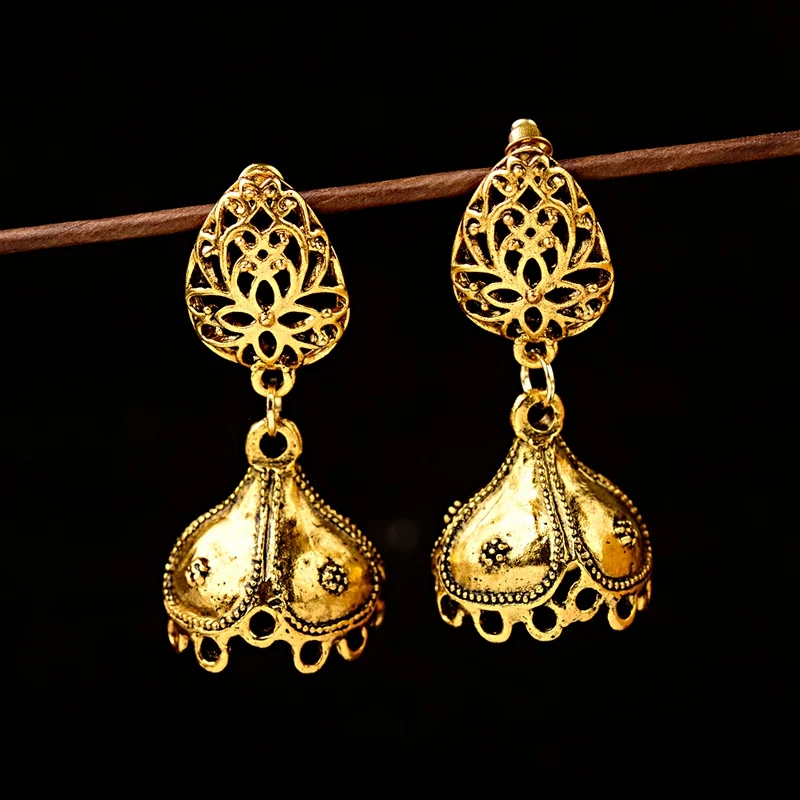 DOUVEI, винтажные золотые индийские серьги для женщин, Jhumka, серьги, классические, Роскошные, массивные, полые серьги ohringe HXE076