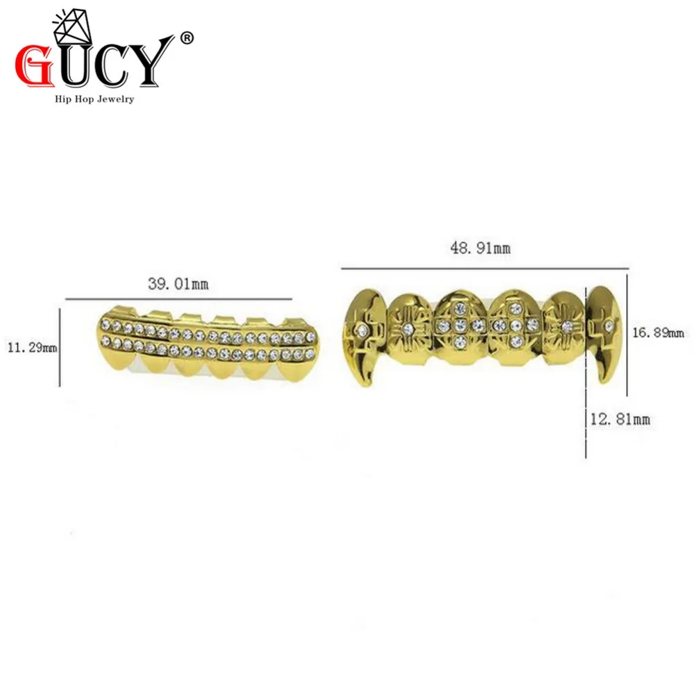 GUCY золото Цвет покрытием льдом CZ зубы GRILLZ шапки крест верхней и нижней зуб шапки хип-хоп Bling грили комплект Рождественский подарок