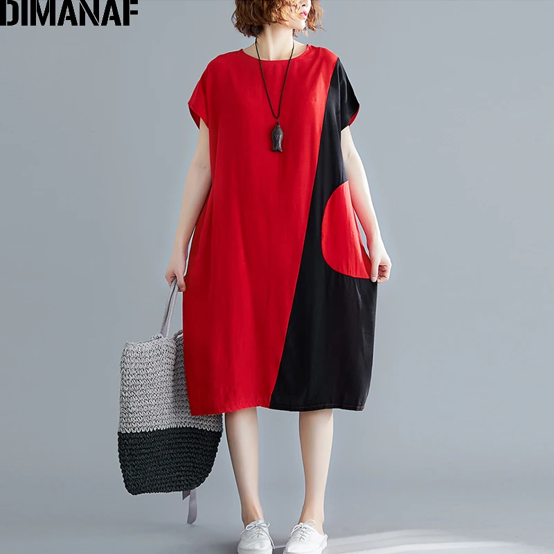 DIMANAF женское платье большого размера, модное лоскутное женское платье Vestidos, свободное базовое летнее платье из хлопка, большой размер