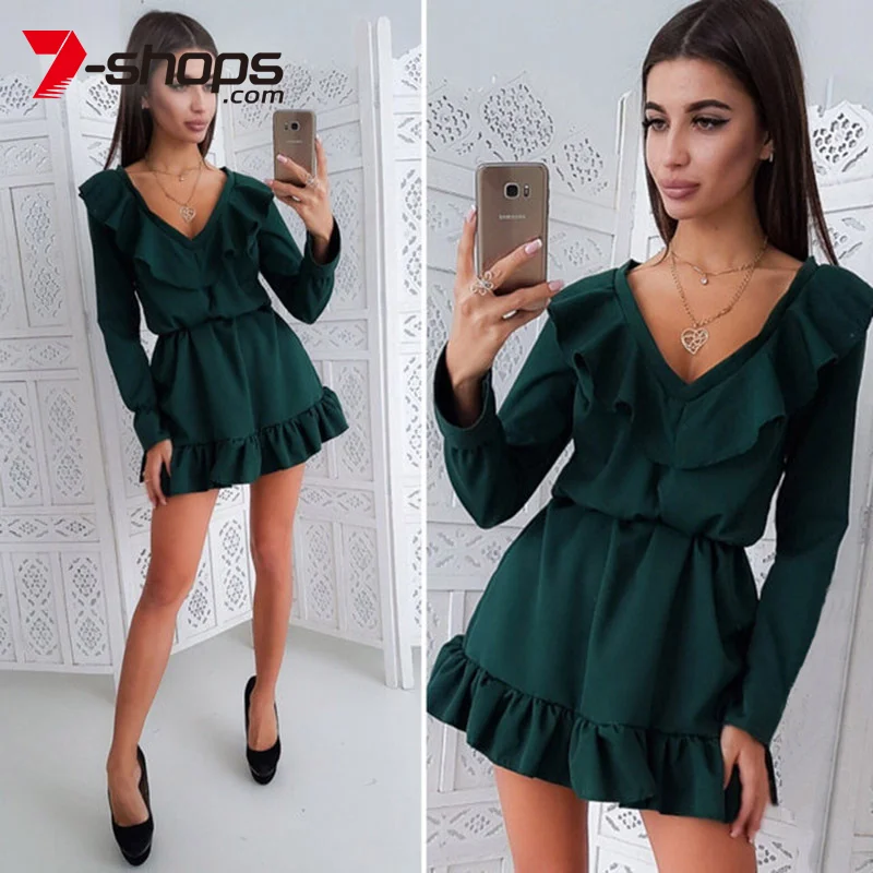 

AECU Dress Female Vestidos De Fiesta V Neck Long Sleeve Solid Dress Elegant Ladies Ruffle Mini Club Dresses Party Dress