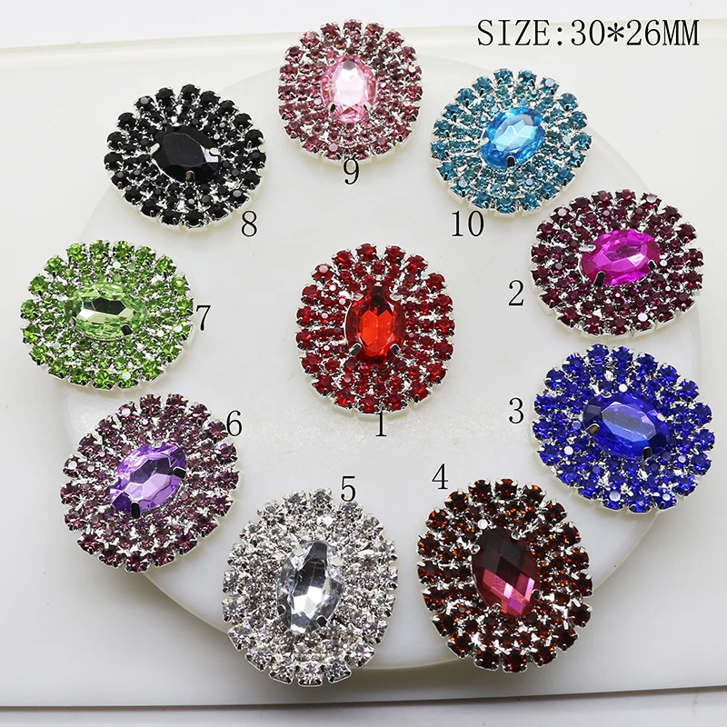 5pcs/Lot 30mm*26mm Colorful Full Rhinestone Buttons for Clothing Craft Wedding Card Decoration Metal DIY Jewelry Accessories