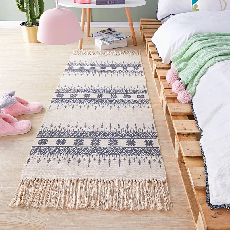 Богемный хлопковый тканый ковер ручной работы с кисточками прикроватный коврик