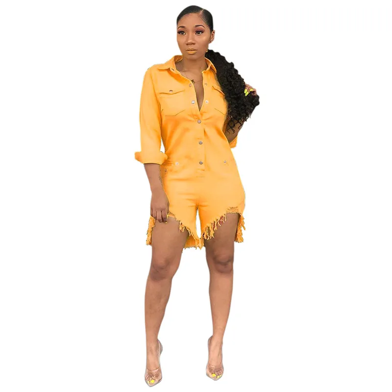 Женский джинсовый комбинезон на пуговицах с отложным воротником | Женская одежда