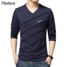 TFETTERS брендовая мужская футболка с v-образным вырезом и длинным рукавом размера плюс, тонкая хлопковая футболка