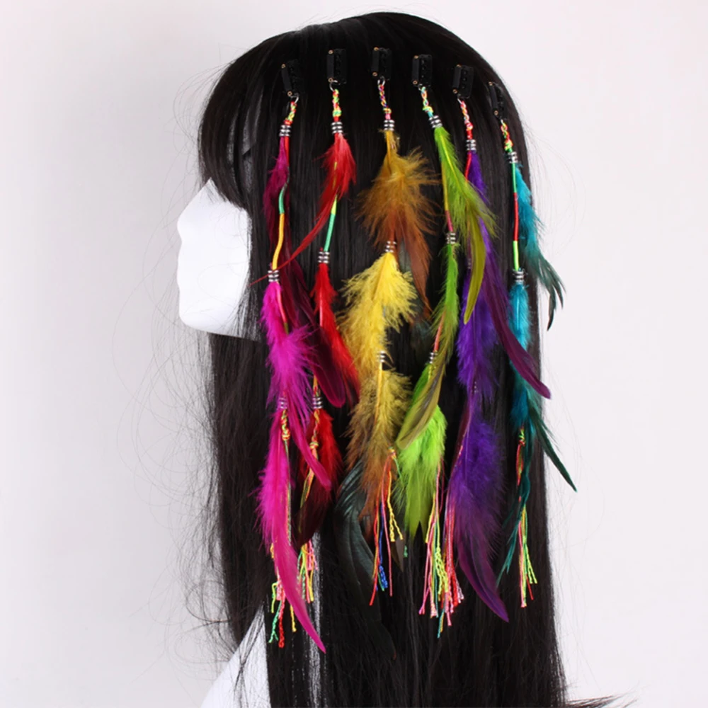Популярная головная повязка Bohemian Style из 6 штук с пером и креплением на зажиме, кисточкой и веревкой для волос, фестивальная головная убор для женщин и девочек.