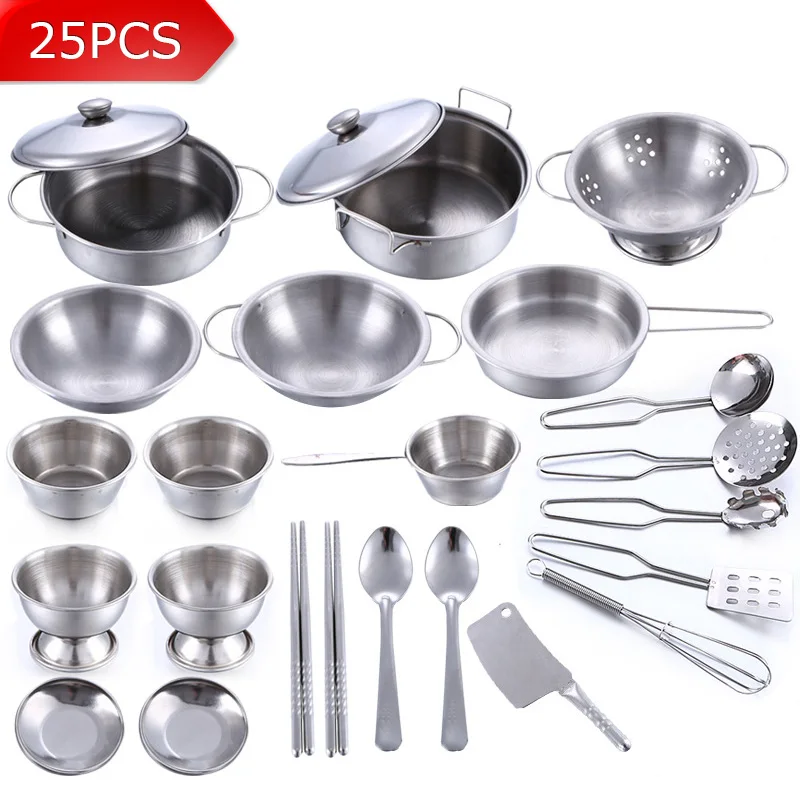 25Pcs Stainless Steel Children Kitchen Toys Miniature Cooking Set Simulation Tableware Toy Pretend Play Cook for Kids Gift | Игрушки и