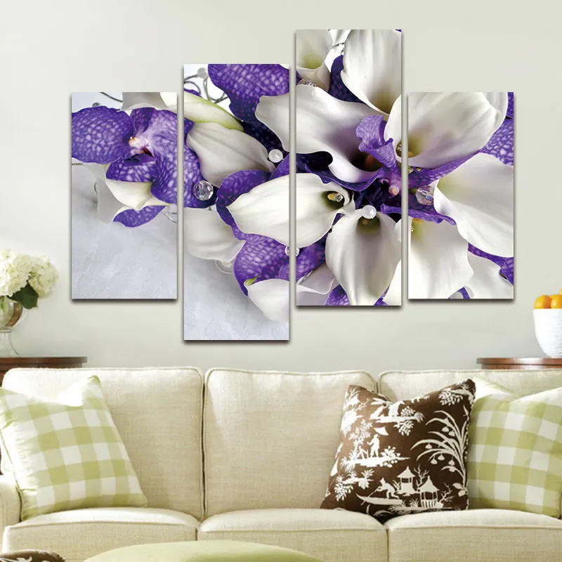 BANMU 4 Panels Purple&ampWhite Iris Wall Art Canvas Painting Nordic Floral Poster Home Decor for Livingroom Decoration | Дом и сад