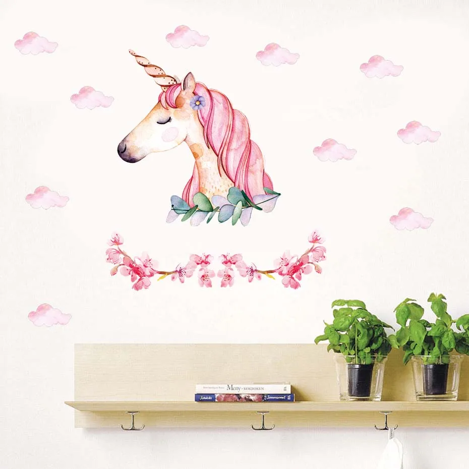 Прекрасные наклейки на стену из винила с милыми рисунками единорога и облака для декора в детских комнатах девочек.