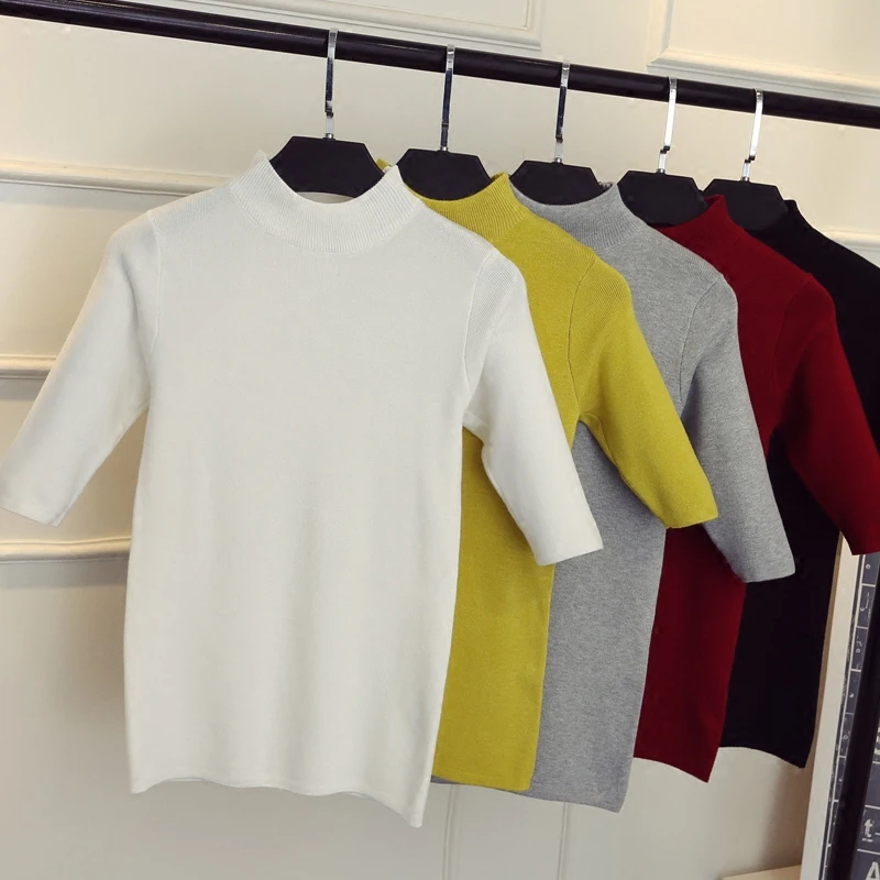 

2021 new spring Korean half sleeve shirt collar solid elastic thin sweater five Sleeve Sweater Girl