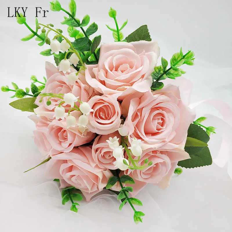 Light Pink LKY Fr Свадебный букет невесты держатель для букетов шелковые искусственные розы Белый Розовый Свадебный букет s для букет невесты Mariage - Цвет: Light Pink