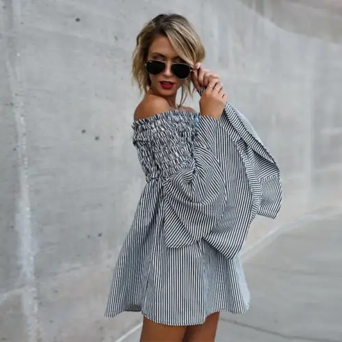 2017 горячие новые женщин с открытыми плечами Striped Ruffled сарафан вечерние летние