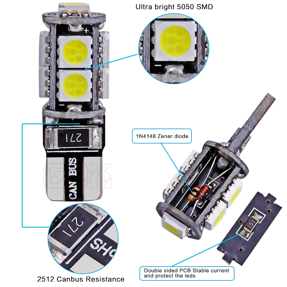 2 шт./лот Canbus автомобильные светодиодные SMD Лампы w5w T10 9led W5W canbus 194 t10 9SMD 5050 лампы для