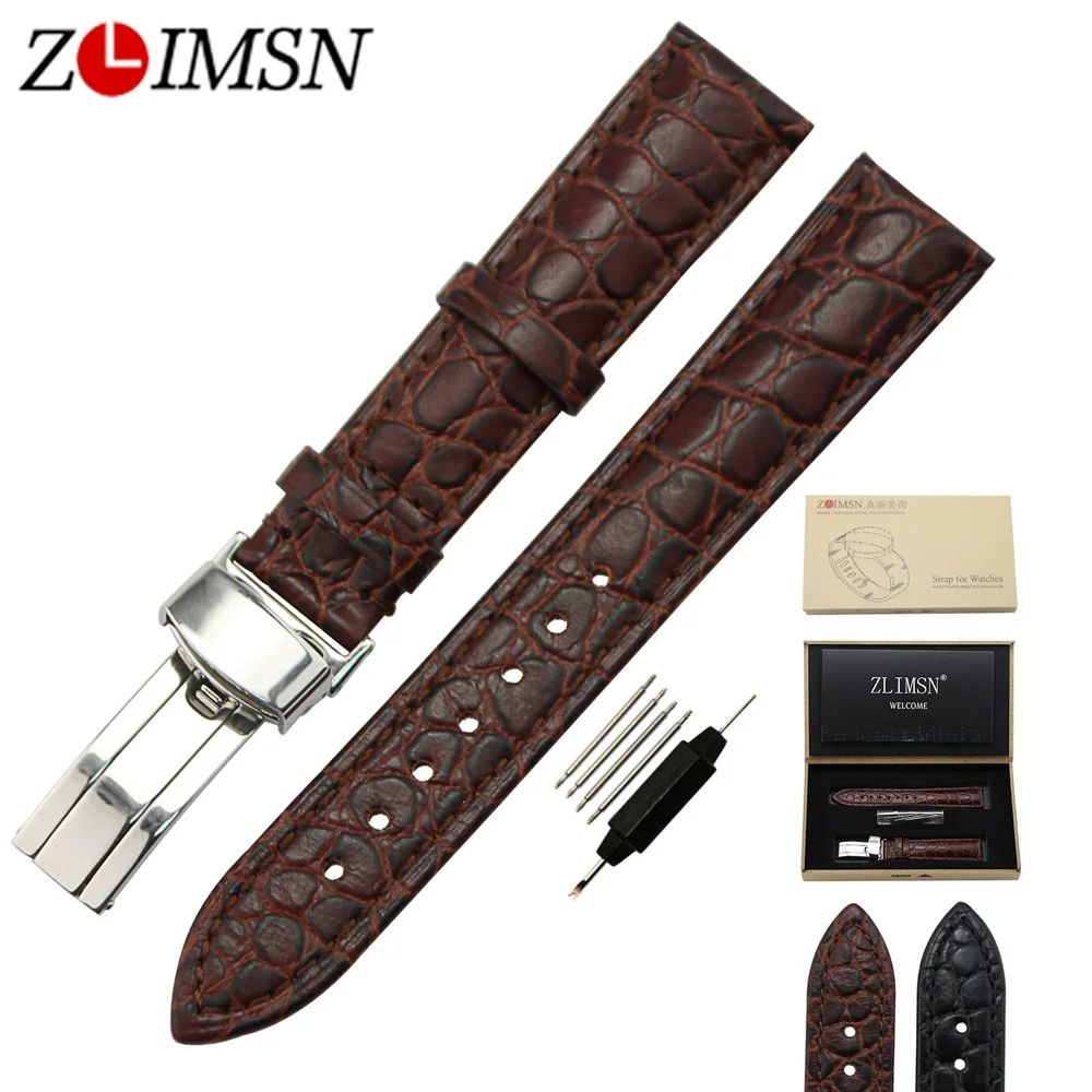 

ZLIMSN 18mm 20mm Crocodile Grain Genuine Leather Watchbands Replacement 316L Stainless Steel Butterfly Buckle reloj hombre 2017