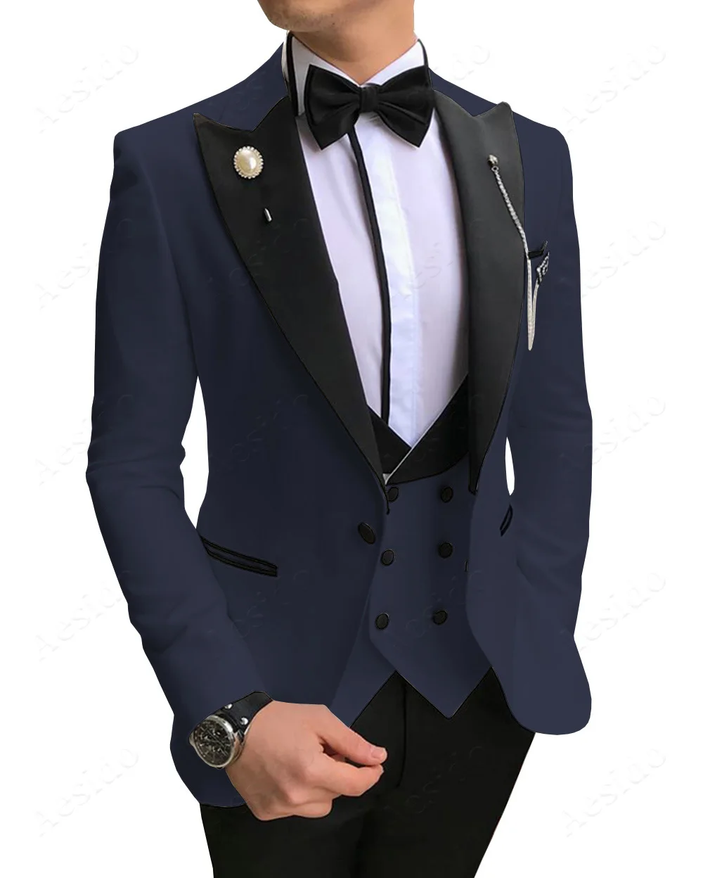 Navy Blue Aesido, повседневный мужской костюм, приталенный, 3 предмета, официальный, выпускной, смокинг, двубортный, костюмы для свадьбы, женихов, мужчин(Блейзер+ жилет+ брюки - Color: Navy Blue