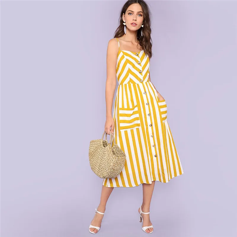 SHEIN Летнее Платье Женские Полосатые Платья С Высокой Талией Платье Сарафан На Бретельках Для Отдыха