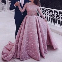 pink prom dresses off the shoulder sparkly glued sequins ball gown vestidos largos de fiesta long sleeve evening dress