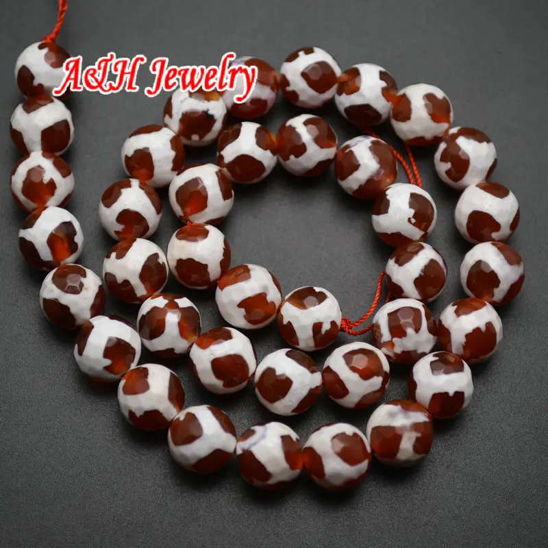

New Arrival Brick-red Color With White Vein Faceted Round Stone Dzi Beads For Jewelry Making 5strans