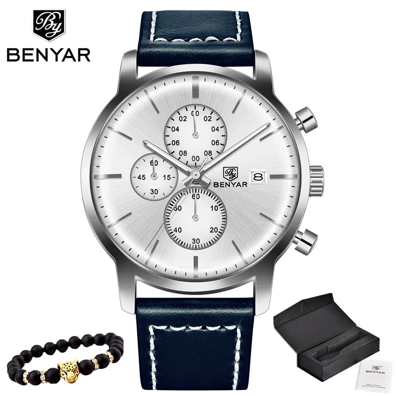Silver white Новинка, BENYAR, мужские часы, Повседневная мода, хронограф/30 м, водонепроницаемые/спортивные часы, мужские кожаные Наручные часы, мужские s Reloj Hombre - Цвет: Silver white