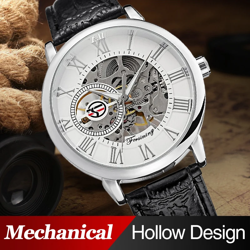 Forsining Марка Серебро Цвет Циферблат Скелет Часы Montre Homme сплав чехол кожаный