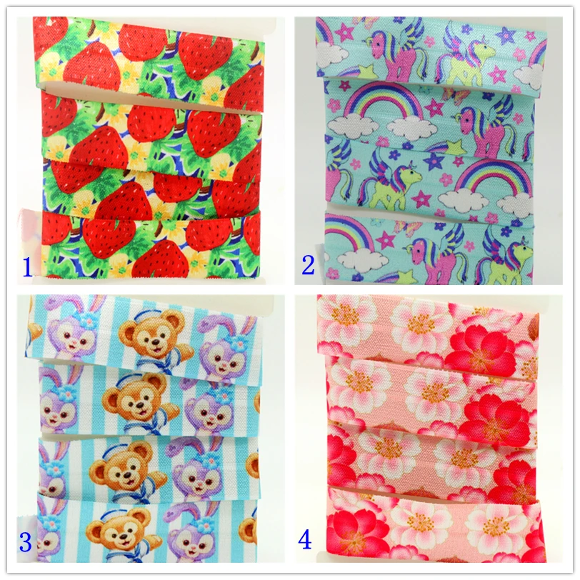 

1'' Free shipping Fold Elastic unicorn strawberry duff flowers printed FOE headband headwear hairband decoration wholesale S556