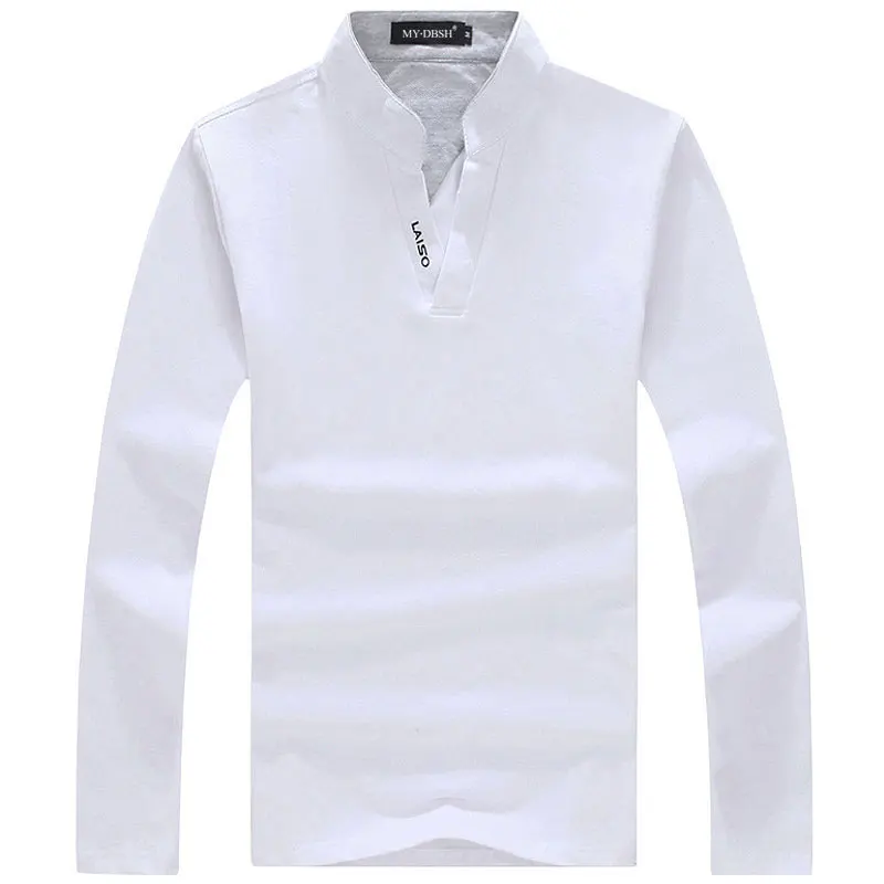 Long White Новая модная брендовая мужская рубашка поло, однотонная приталенная рубашка с v-образным вырезом и коротким рукавом, мужские хлопковые рубашки поло, повседневные рубашки размера плюс 4XL 5XL - Цвет: Long White