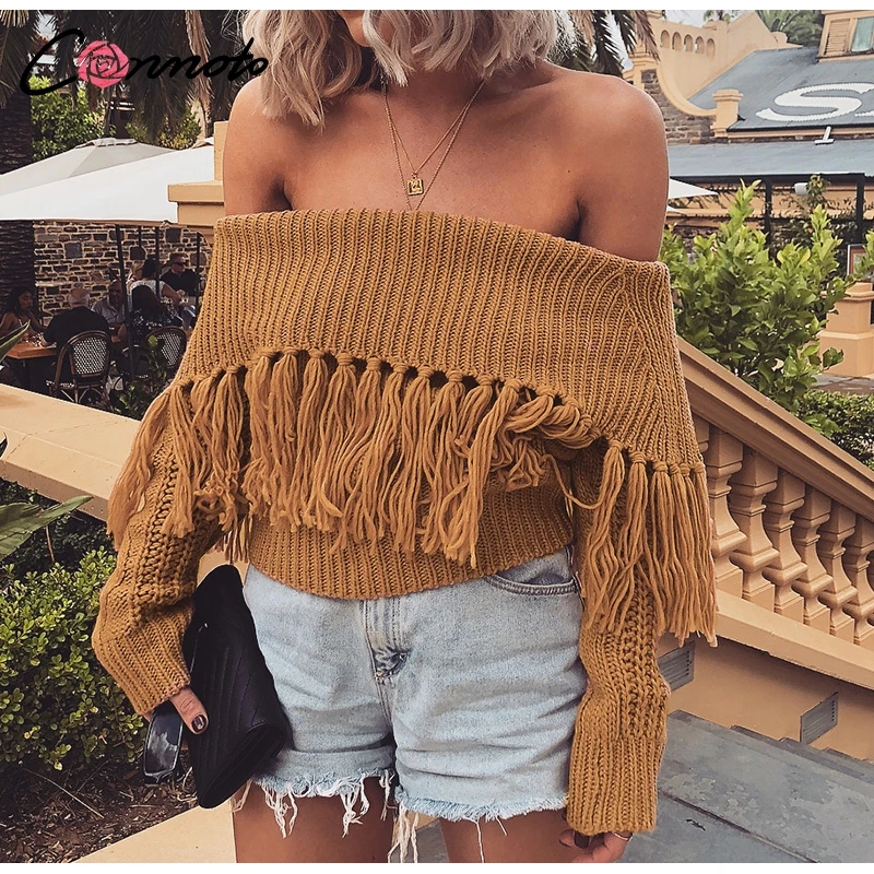 Conmoto Off Shoulder Tassel Short Sweater Female Party Sexy Solid Long Sleeve Pullover Femme Khaki Jumper Sueter Mujer | Женская одежда