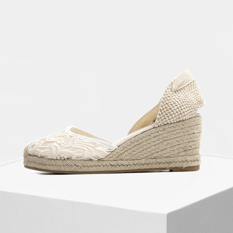 

65mm heel height women wedge sandals, sweet lace upper wedge espadrilles