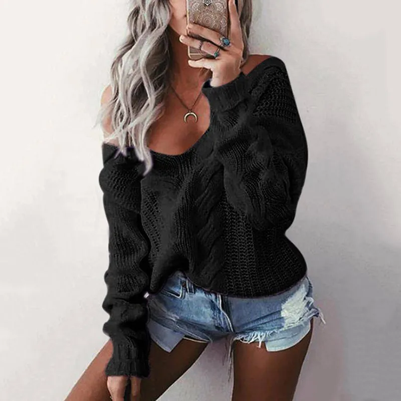 Danjeaner S-5XL размера плюс сексуальные вязаные свитера с глубоким v-образным вырезом Женские однотонные пуловеры с открытыми плечами осенне-зимний теплый топ