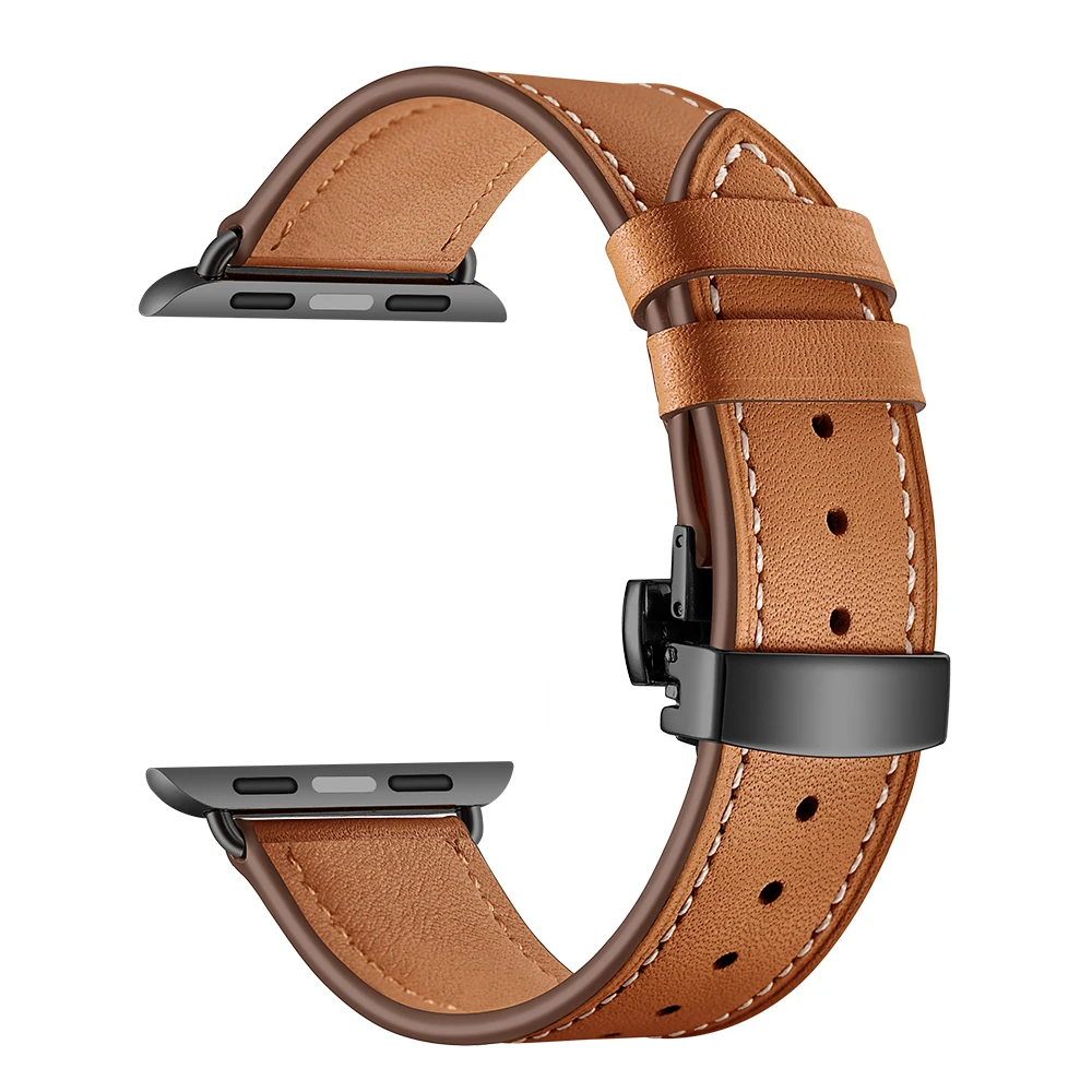 Высокое качество кожаный ремешок для наручных часов Apple Watch Series 4 44 мм 40 мм черный застежка-бабочка, браслет на запястье, ремешок для наручных часов iWatch 3/2/42 38 мм