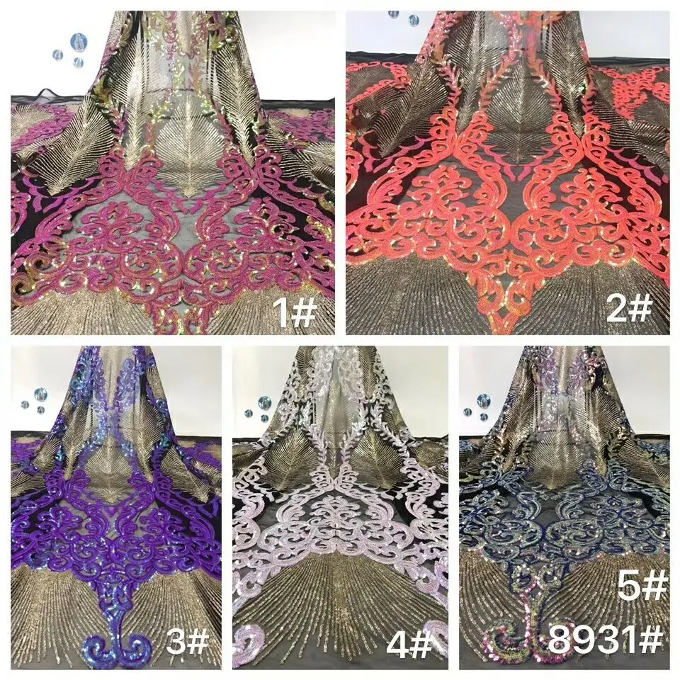 

African Net Sequins Lace Fabric 5Yards Latest Design Nigerian Laces 2019 French Tulle Lace Sequins Fabric For Sewing XB38