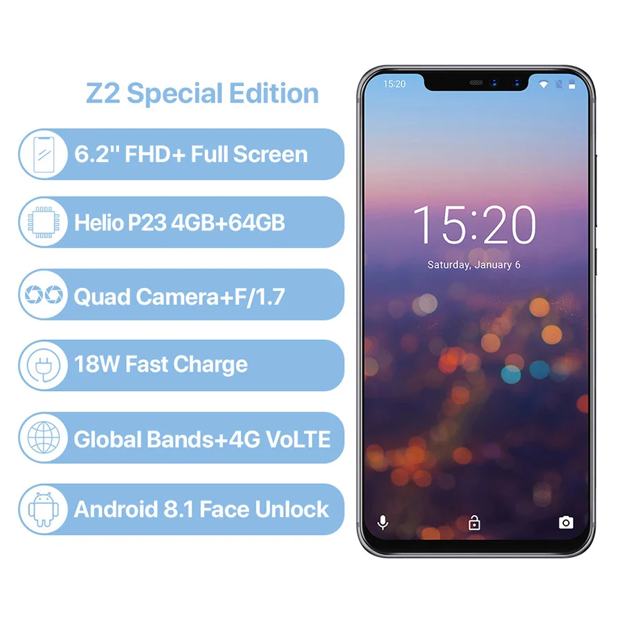 UMIDIGI Z2 смартфон с 6 2 дюймовым дисплеем процессором Helio P23 ОЗУ 4 Гб ПЗУ 64 ГБ 3850