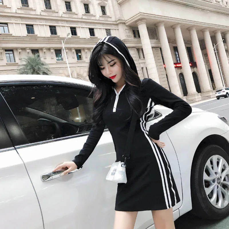 Корейская мода Костюмы Vogue Для женщин осень Новое платье длинный рукав черный в
